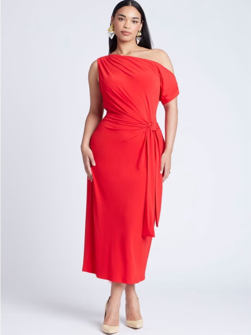 Eloquii One-Shoulder Red Draped Knot Dress